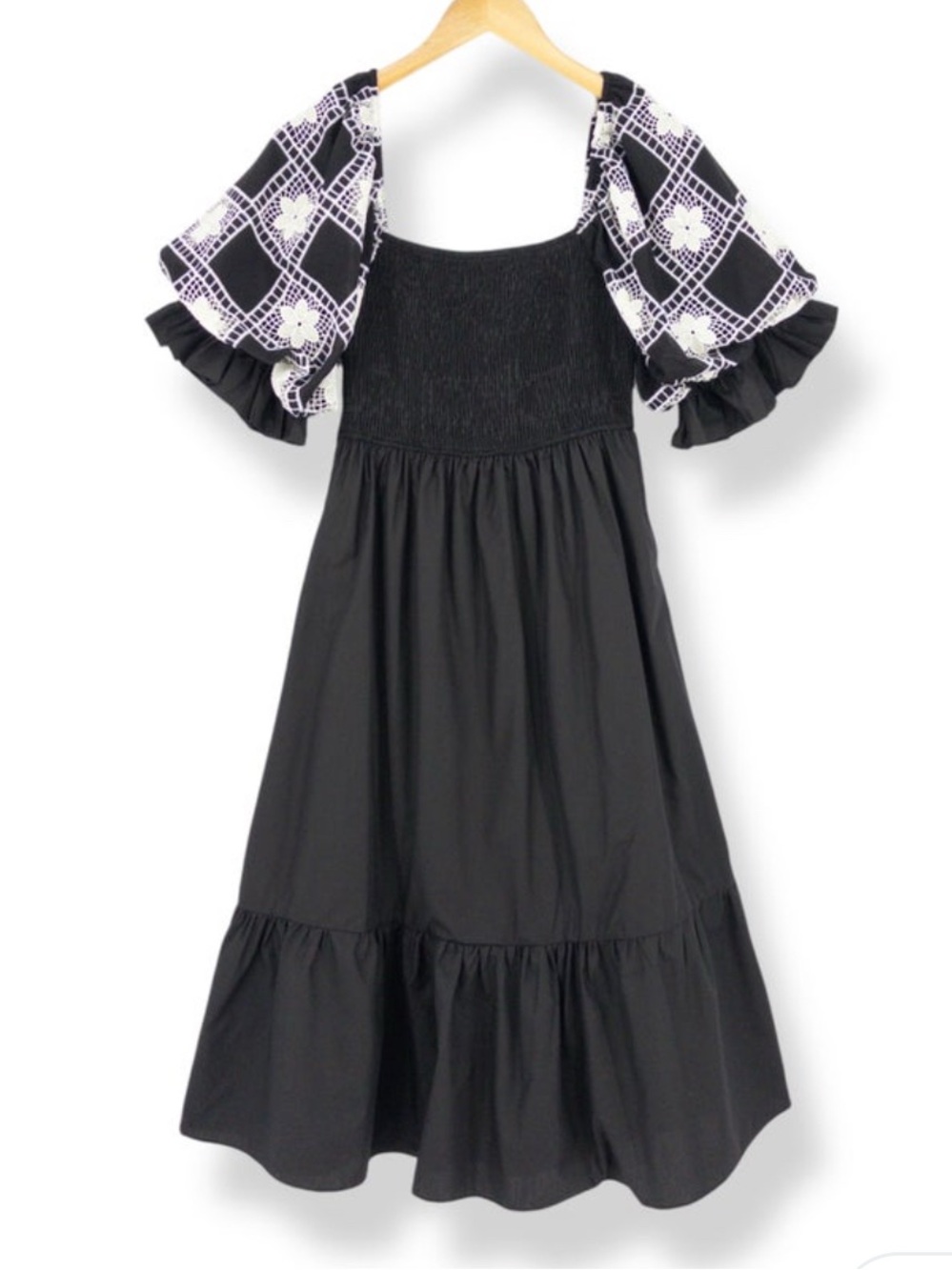 NWT Entro Kylie Puff Sleeve Midi Dress Smocked Bodice Embroidered Cotton